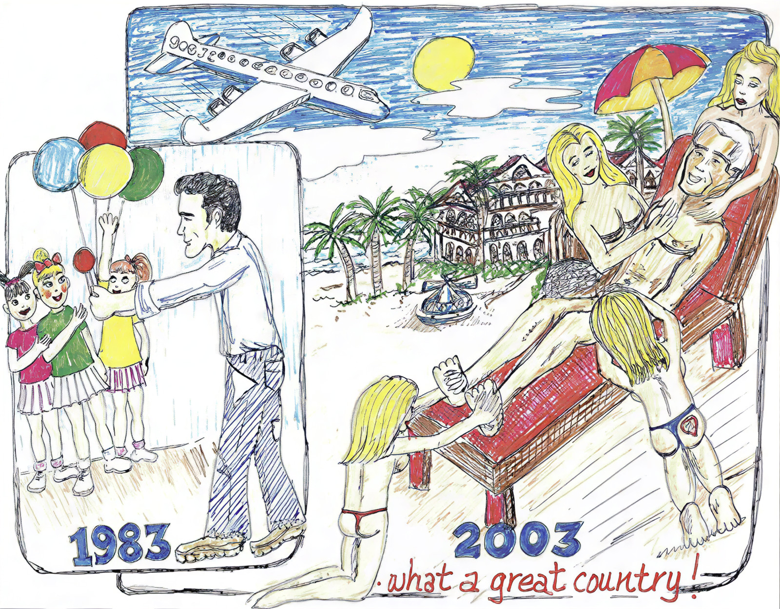 Drawing included in a birthday photo album gifted to Jeffrey Epstein for his 50th birthday, complied by Ghislaine Maxwell. The photo shows Epstein gifting young girls lollipops and balloons, alongside another drawing of him receiving massages.